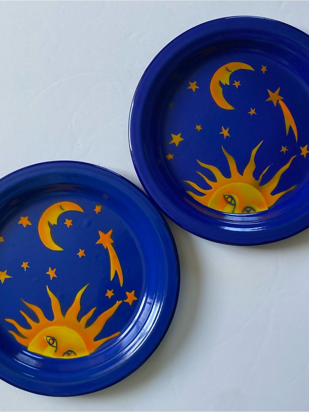 Vintage Kockums Sweden Enamelware 2 Plates Celestial Sun Noon Stars 8.75” Blue